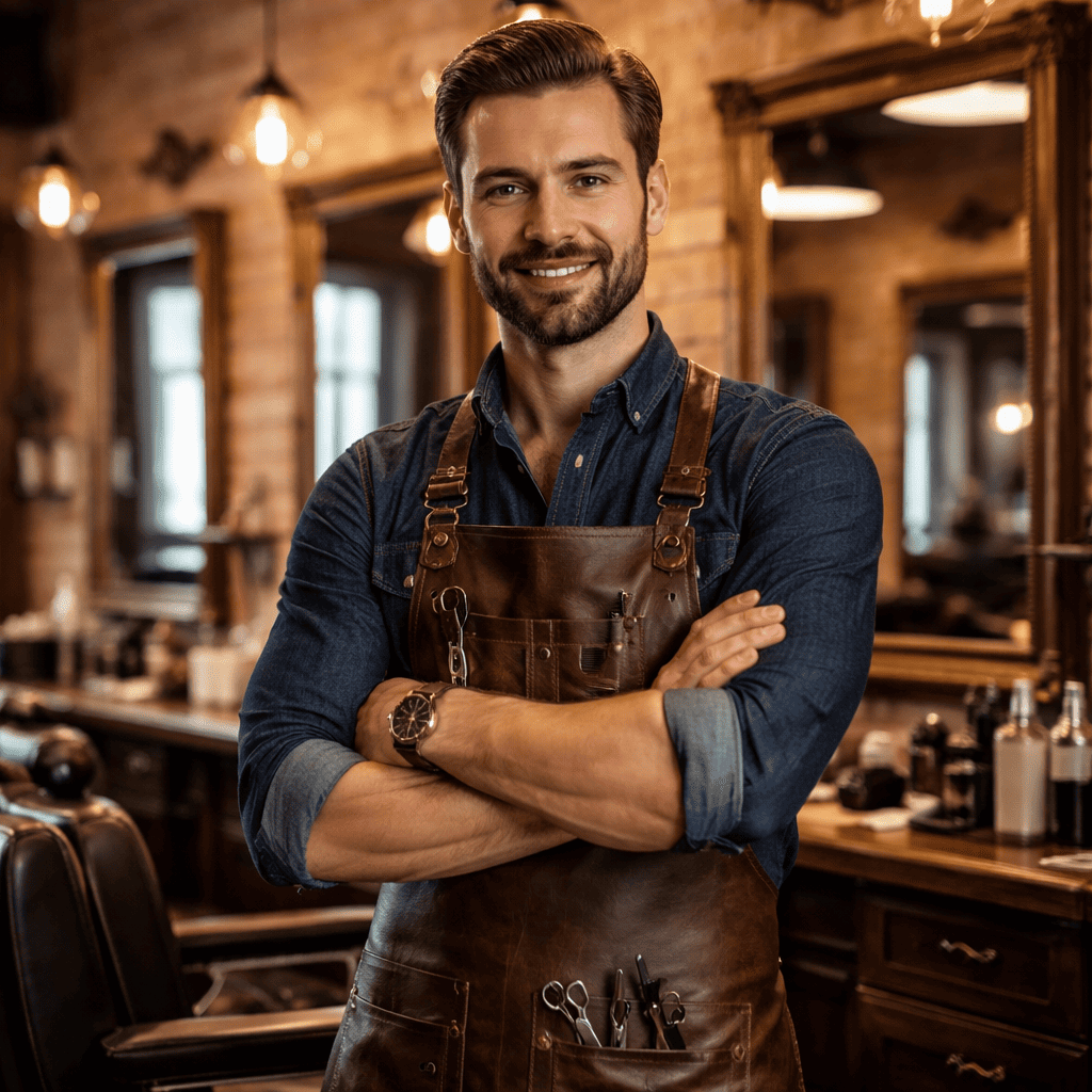 Barbeiro profissional em barbearia moderna utilizando avental de couro