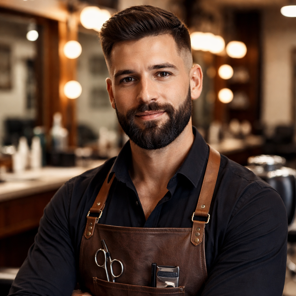 Barbeiro profissional em barbearia moderna usando avental de couro