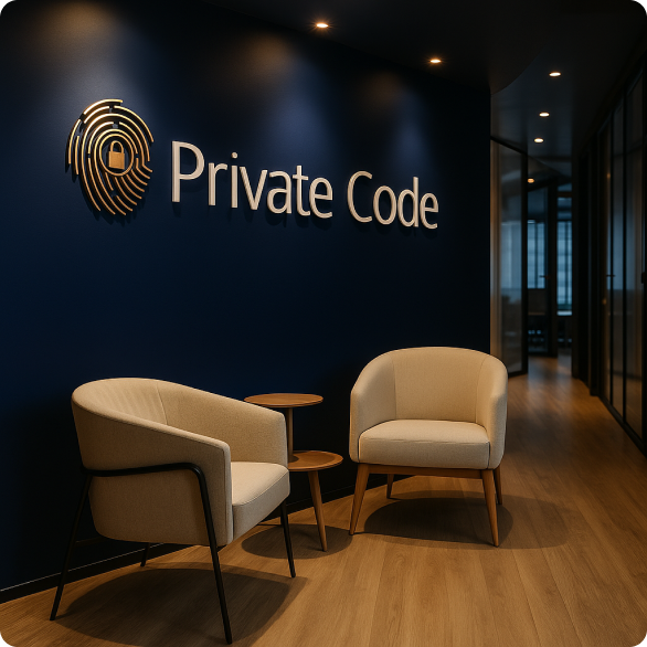 Escritório moderno da Private Code com logo na parede