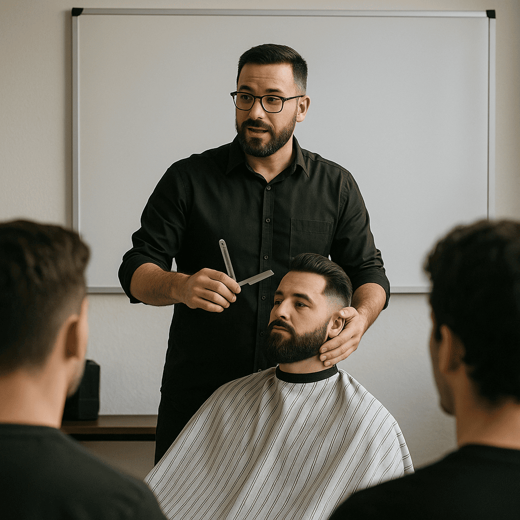 Barbeiro demonstrando técnica de corte em treinamento profissional em barbearia