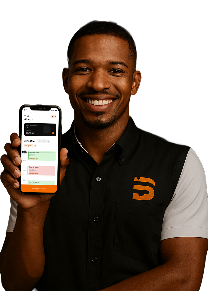 Aplicativo para barbearia BarberCode sendo utilizado por profissional no celular