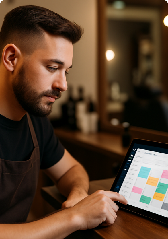 Barbeiro utilizando sistema de agendamento em tablet na barbearia