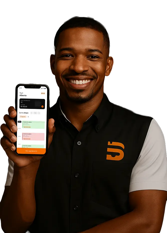 Aplicativo para barbearia BarberCode sendo utilizado por profissional no celular